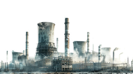 Obraz premium Industrial Landscape: A sprawling industrial complex with towering chimneys and processing units, emitting smoke into the sky, highlighting the intersection of industry and the environment.