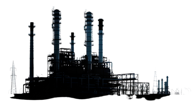 Industrial Silhouette: The stark silhouette of a sprawling industrial complex, with towering smokestacks and intricate infrastructure, dramatically etched against the sky.