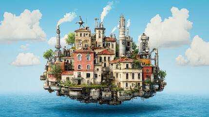 Obraz premium Pixel Art Floating Island Cityscape Industrial and Residential Buildings above Calm Blue Sea