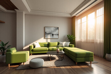 Bright living room interior with a green sofa set, armchair, and ottoman. A round coffee table sits on a rug. Natural light floods in through the window, illuminating the modern space with a painting 