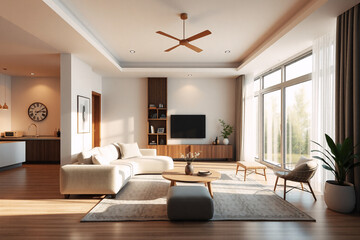 Bright modern living room featuring a white sofa, wooden furniture, ceiling fan, large window, and lots of natural light.