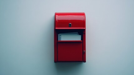 A red post box with a raised flag, the door opens to reveal several envelopes and a postcard, against a white backdrop.