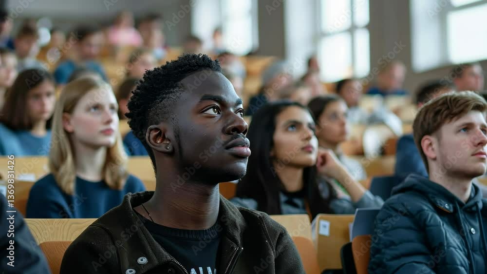 Poster a diverse group of students attentively listens to a lecture in a university classroom filled with w