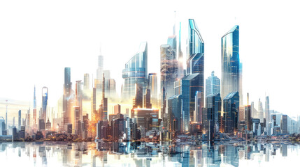 Fototapeta premium Cityscape Reflections: A mesmerizing, photorealistic rendering of a futuristic cityscape, showcasing towering skyscrapers that mirror themselves in the calm water below.