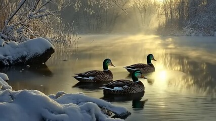Three ducks swimming in a serene snowy landscape - Powered by Adobe