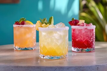 Vibrant Cocktails with Fruit Garnish Enjoyed by People in a Sunny Outdoor Setting