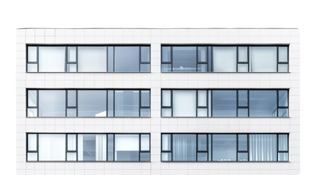 Modern Architectural Facade: A contemporary building facade showcases a grid of rectangular windows, offering a sleek and minimalist aesthetic.