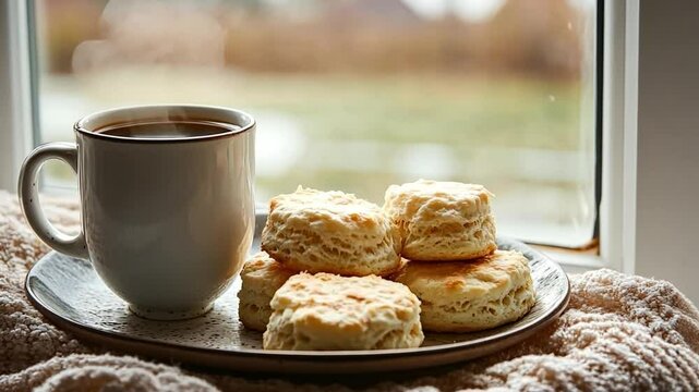 A cozy breakfast scene featuring a steaming mug of tea and a plate of biscuits by the window.