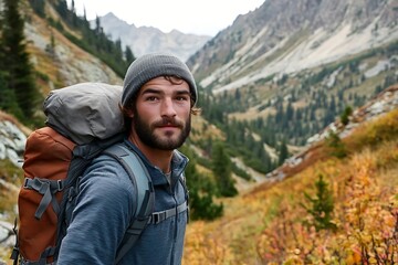 Naklejka premium Man hiking with backpack in mountain landscape. Adventure and exploration in nature, outdoors