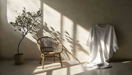 A minimalist interior scene featuring a large white shirt draped beside a rattan chair and potted plant