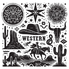 Linocut western boho set, Texas desert engraving print collection, vector canyon wildlife, cactus. Texture grunge Arizona rodeo graphics, bull, horse, snake, skull silhouette.