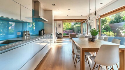 Fototapeta premium Modern kitchen with garden view, spacious dining area. Use Stock photo for interior design