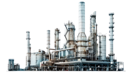 Industrial Landscape: An intricate network of towering smokestacks, tanks, and pipes defines a vast industrial complex.