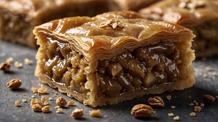 A delicious slice of baklava featuring layers of flaky pastry and a rich, nutty filling.