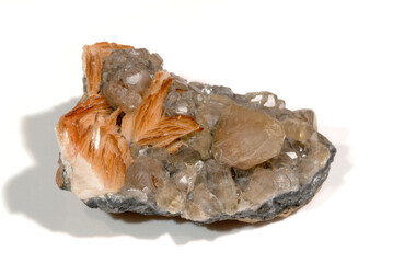 Mineral Cerussite, Cerussite crystals with red edge tinted baryte crystals, Mibladen mine, near Midelt, Morocco