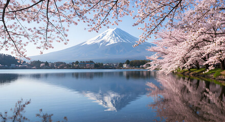 Majestic Mount Fuji Reflected In Calm Spring Lake With Cherry Blossoms