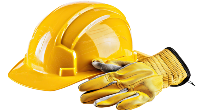 Safety First: Highlighting the essential protective gear of a construction worker, safety helmet and gloves, signifying the core values of safety and construction.