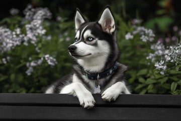 A Siberian Husky wearing a denim jacket, strumming an acoustic guitar while sitting on a wooden bench in a park