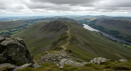 Mountainous Landscape Overlooking Valley and Lake