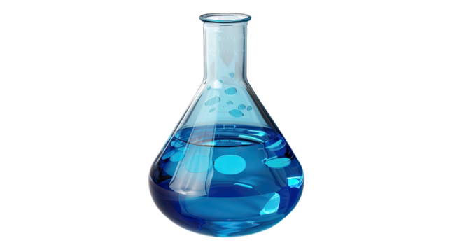 Blue Liquid in Flask: A clean, close-up shot of a transparent flask containing a vibrant blue liquid, perfect for science, research, and educational material.