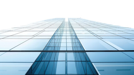 Fototapeta premium Skyward Gaze: A modern skyscraper, a testament to urban design, stretches majestically towards the sky, its glass facade reflecting the surrounding environment.