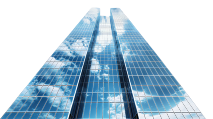 Skyward Gaze: An awe-inspiring skyscraper piercing the sky, with a design reflecting clouds, encapsulating the ambitions and aspirations of urban growth.