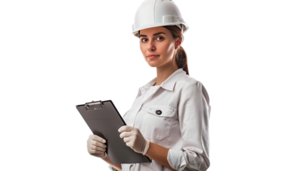 Professional Engineer: A confident female engineer, wearing a hard hat, work clothes, and gloves, stands holding a clipboard.