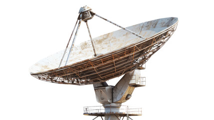 Cosmic Communication: A large satellite dish poised against an overcast sky, representing global communication and technological advancement, evoking wonder and human innovation.