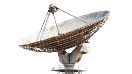 Cosmic Communication: A large satellite dish poised against an overcast sky, representing global communication and technological advancement, evoking wonder and human innovation.