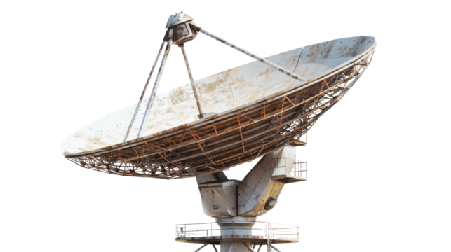 Cosmic Communication: A large satellite dish poised against an overcast sky, representing global communication and technological advancement, evoking wonder and human innovation.