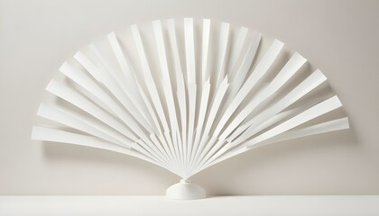 A minimalist abstract art piece features a series of white, blade-like structures arranged in a semi-circular fan shape, set against a soft, light background