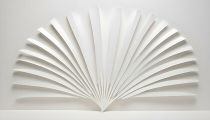 A minimalist abstract art piece features a series of white, blade-like structures arranged in a semi-circular fan shape, set against a soft, light background