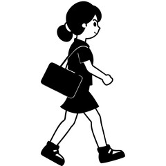 A silhouette of a cute girl student walking into school with a laptop bag slung over her shoulder