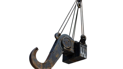 Industrial Strength: The robust hook of a crane suspends, embodying strength and industry, set against an abstract background.