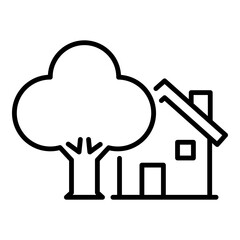 House and tree icon, representing residential living and nature. Symbolizes home, comfort, and greenery, ideal for real estate, landscaping, and residential-related content