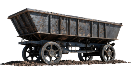 Mining Cart: A weathered mining cart, a relic of a bygone era, sits steadfastly on the tracks, its metallic frame bearing the marks of time.