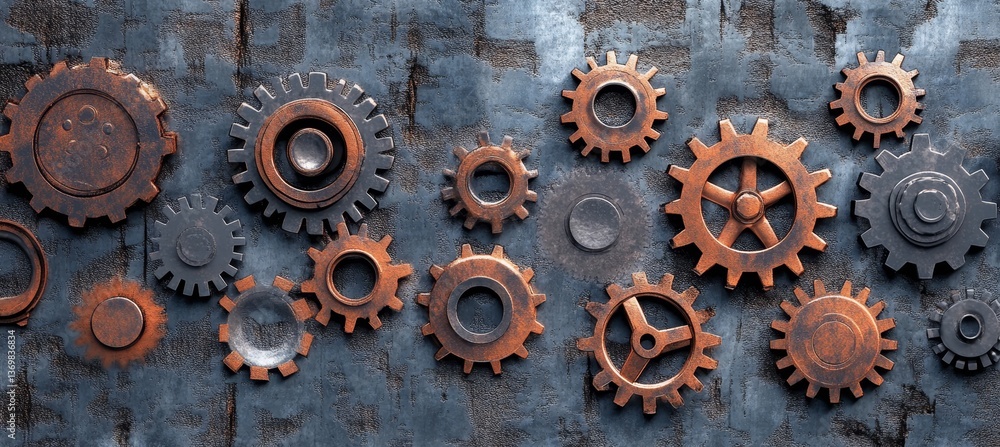 Aufkleber metallic golden and rusty gears on grey concrete with shabby background with vignette effect.