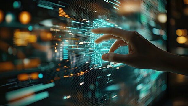 A hand interacts with a holographic display, manipulating complex data visualizations.  Detailed data streams and graphical interfaces fill the screen