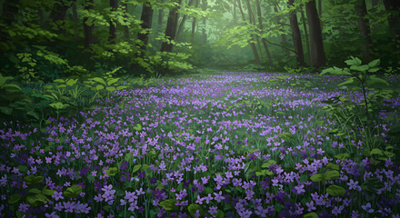 Pixelated Forest Meadow Filled With Purple Flowers