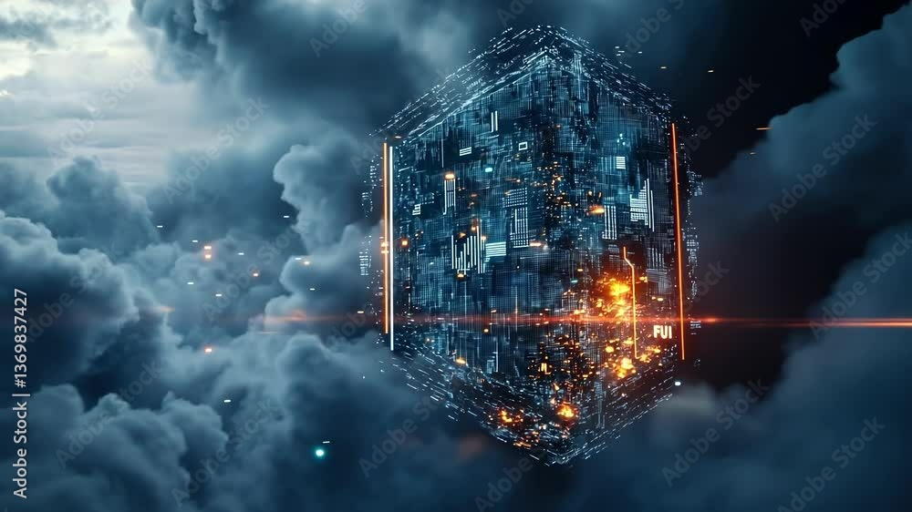 Poster complex digital interface emerging from dark clouds in a cloudy sky, representing advanced technolog