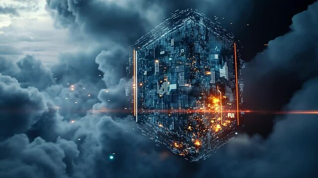 Complex digital interface emerging from dark clouds in a cloudy sky, representing advanced technology, cloud computing, cybersecurity, and futuristic user interface design