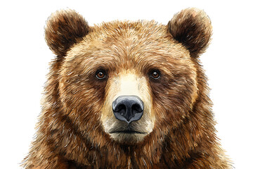 Obraz premium A detailed illustration of a brown bear's face featuring its dark eyes prominent nose and textured fur set against a white background.