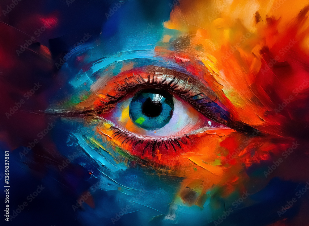 Aufkleber vivid abstract eye painting. bold brushstrokes in vibrant colors blend around a realistic eye, creat