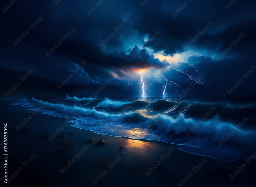 Poster Dramatic night scene with lightning illuminating a turbulent sea. Waves crash on a dark shore under a stormy sky, creating a powerful and moody atmosphere.