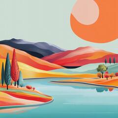 Abstract landscape with hills, a river, colorful trees, and a large sun