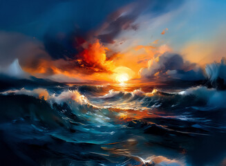 Fototapeta premium Dramatic sunset over a turbulent ocean. Large waves crash under a fiery sky with dark clouds. Seascape painting depicts nature's power.