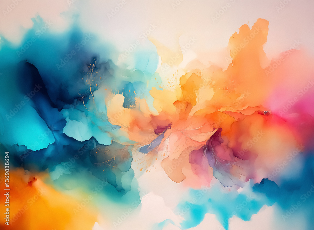 Poster abstract watercolor splash art with vibrant colors blending seamlessly. teal, blue, orange, pink, an