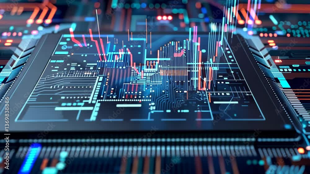 Poster a detailed close-up of a circuit board illuminated with blue and orange lights shows active data pro