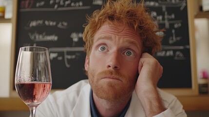 A thoughtful scientist gazes at a glass of rose, lost in contemplation against a backdrop of mathematical equations.