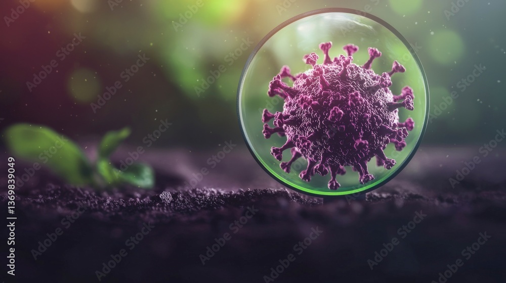 Poster microscopic view of a virus particle magnified on soil background showing environmental impact